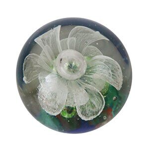 Handblown Art Glass Paperweight With White Flower Design & Multicolor Base